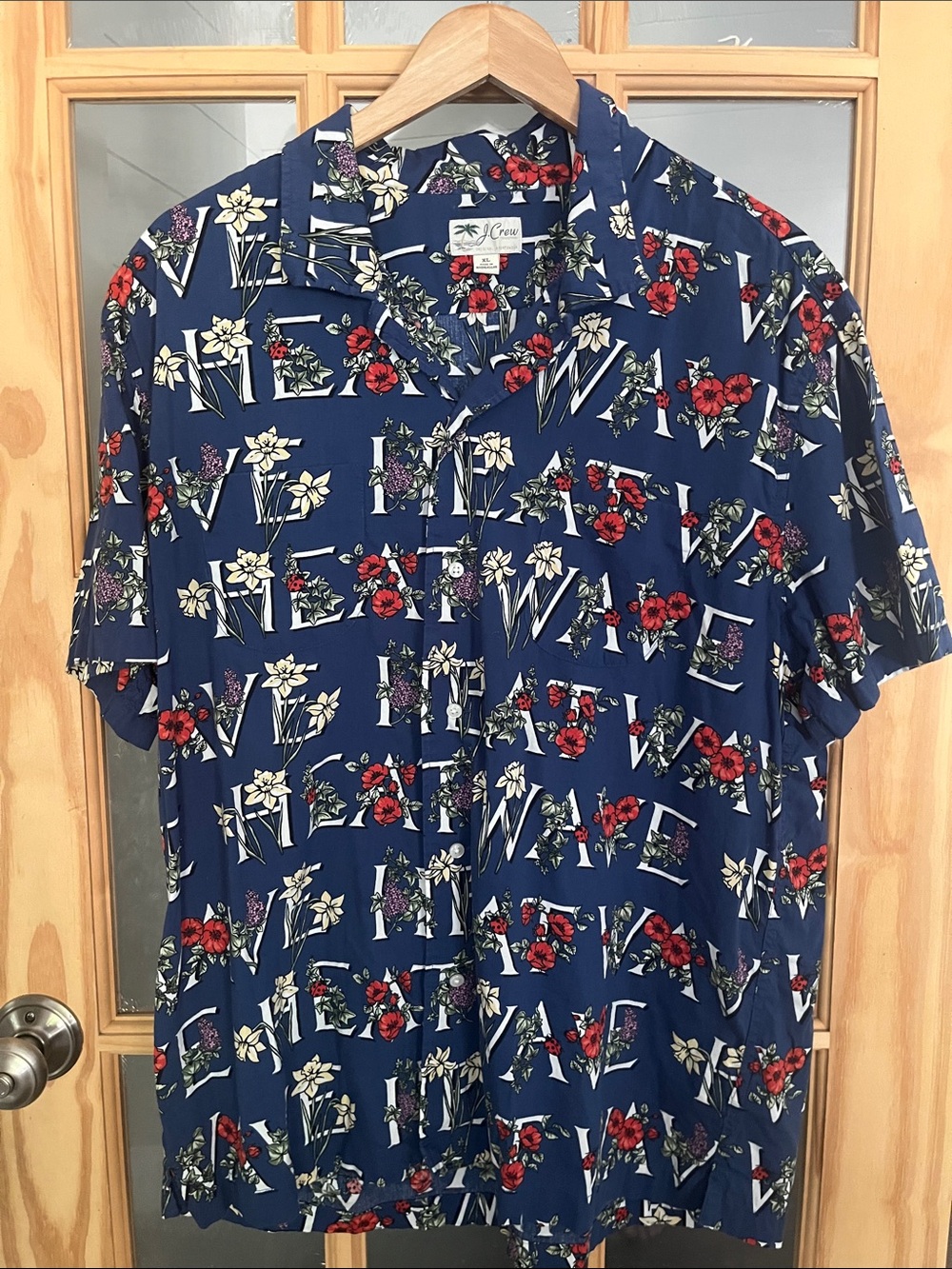 J Crew XL Heat Wave Hawaiian Shirt button down camp,Blue Short Sleeve,